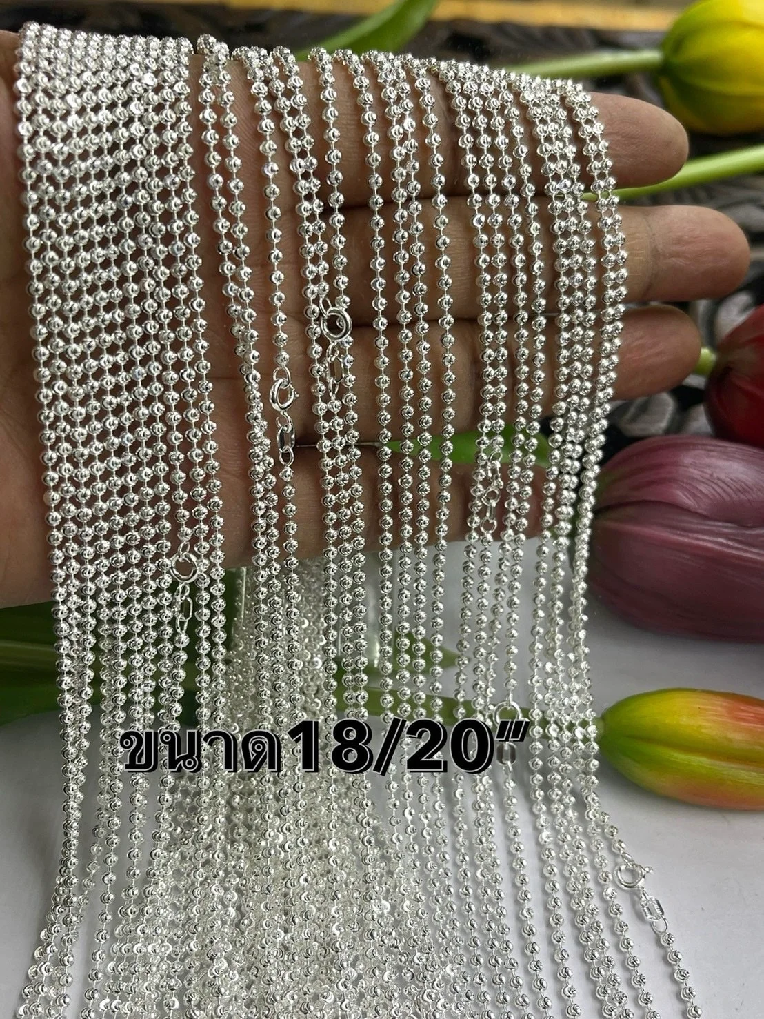 สร้อยคอเม็ดตัดลายเงินแท้